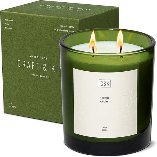 Craft & Kin Green Scented Candles | 12oz Premium Nordic Cedar Fall Scented Candles for Men | Made with Natural Soy | Gifts for Men and Women | Nature Collection