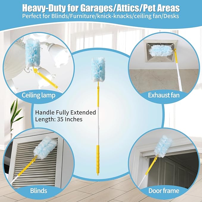 Senowi 60 Count 360° Heavy Duty Duster Refills Compatible with Swiffer,Large Size-Extra Thick Disposable Electrostatic Duster Refill with 1 Retractable Handle(35-inch Length Fully expanded)
