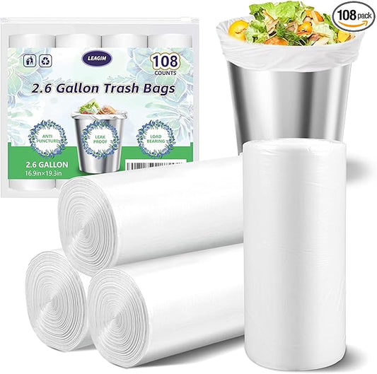 Small Trash Bags 2.6 Gallon-108 Count Leakage-Proof Strong, Small Mini Garbage Bags for Bathroom, Bedroom, Office, White Small Trash Can Liners