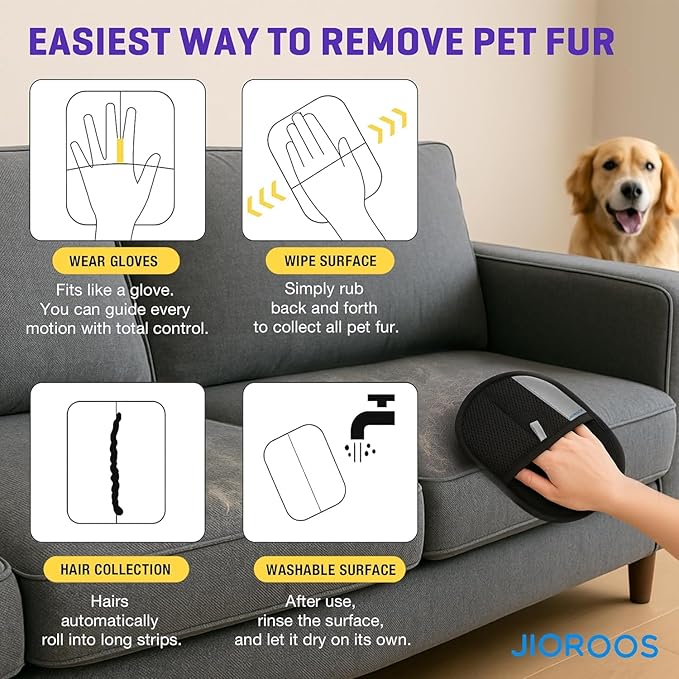 Jioroos Pet Hair Removal Glove for Cats & Dogs, Upgraded Electrostatic Reusable Pet Hair Remover Tool, Magic Fur Removal Mitt for Laundry, Couch, Carpet, Car Seat, Pet Grooming Gloves (1)