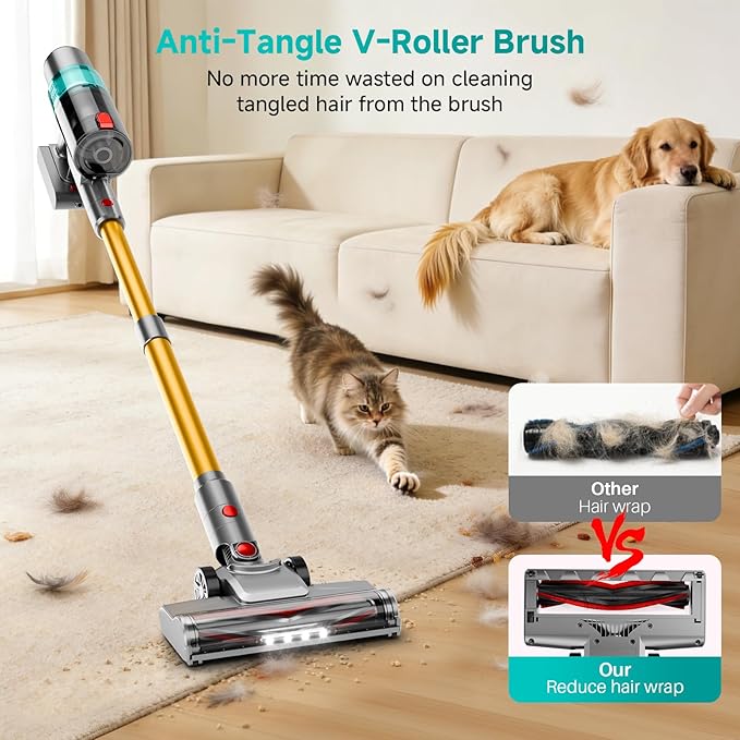 Clinkal Cordless Vacuum Cleaner: 40KPA Powerful Suction Cordless Stick Vacuum Cleaners for Home, Anti-Tangle Brush, Lightweight, 6-in-1 Rechargeable Vacuum for Pet Hair/Carpet/Hard Floor(Green)