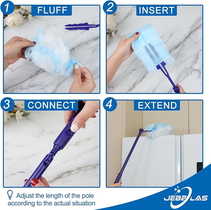 JEBBLAS Disposable Blue Duster Including 1 Long Handle, 1 Short Handle and 20 Duster Refills, Electrostatic Duster Kit, Heavy Duty Extender Handle Starter Kit