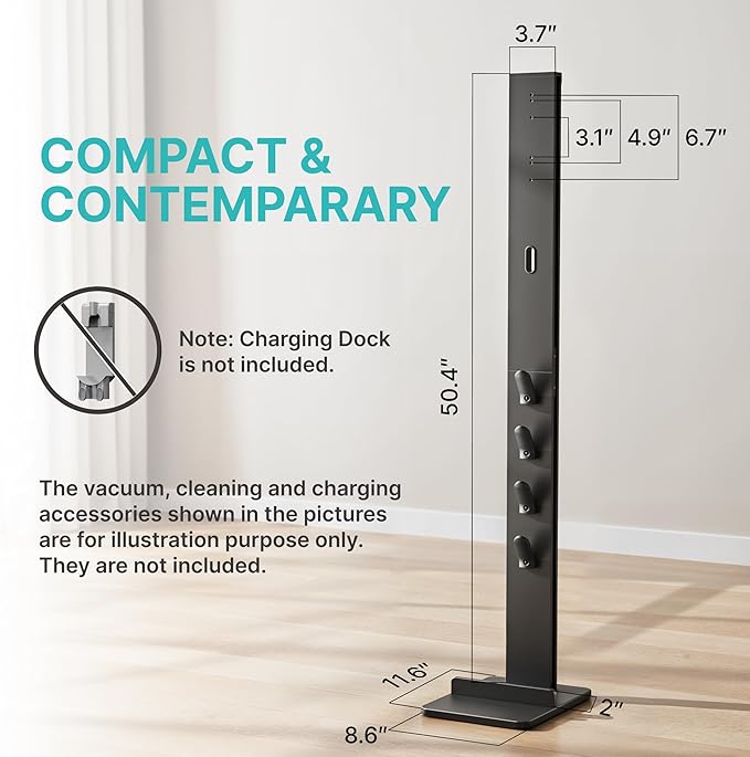 PEGZONE Vacuum Cleaner Stand, Compatible with Cordless Vacuums Dyson Gen5 V15 V12 V11 V10 V9 V8 V7 V6, Floor Vacuum Accessory Holder with 4 Hooks, Metal Storage Bracket Organizer, Black