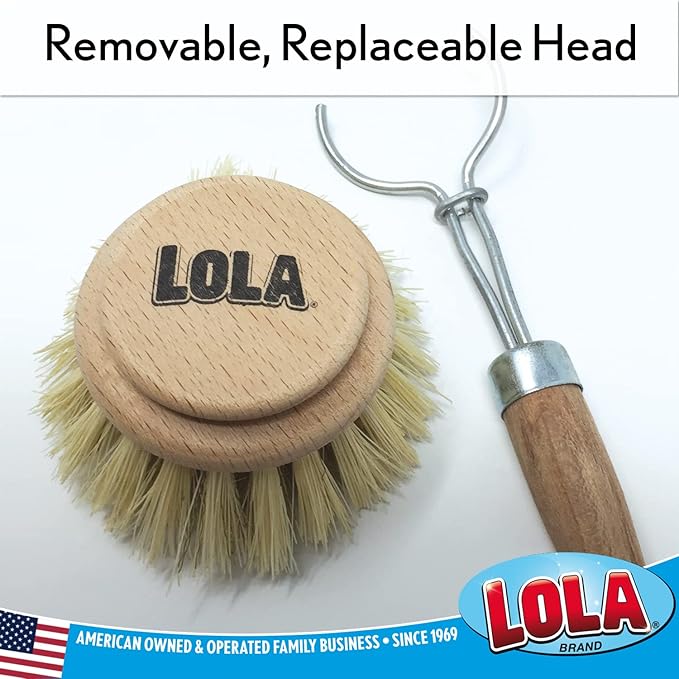 LOLA Replacement Heads for The Original Pot & Pan Brush, 3 Pack, Brass Wire & Tampico Bristles, Birch Hardwood, Heavy Duty Cleaning