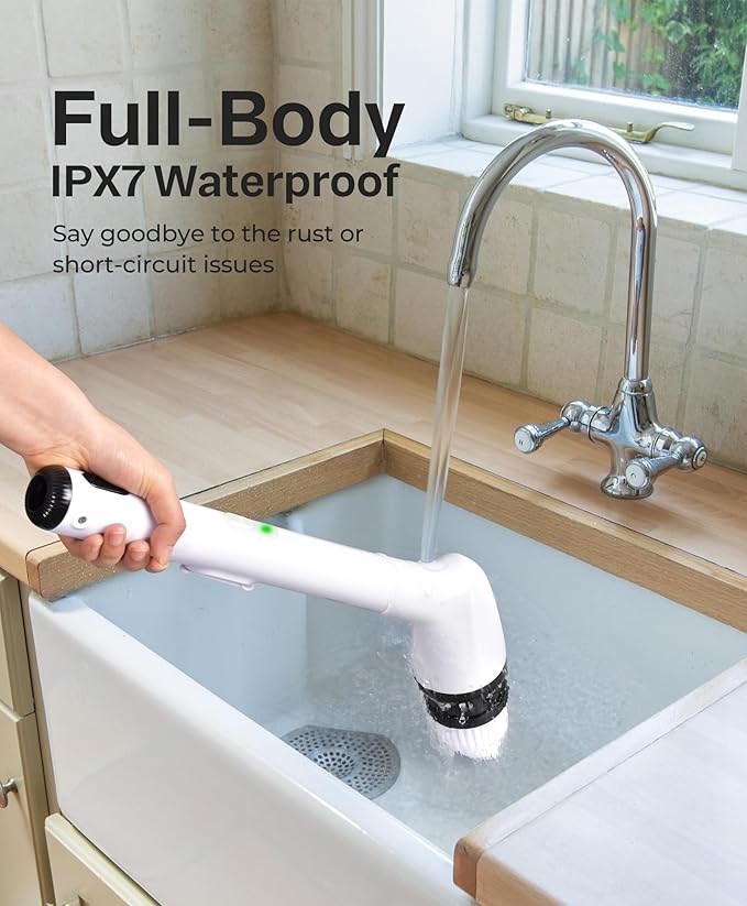 LyriFine Electric Spin Scrubber, New Full-Body IPX7 Waterproof Bathroom Cleaner Brush, Shower Scrubber with Long Handle & 2 Speed, Heads Replacement, Cleaning Supplies for Tub Shower Tile Floor