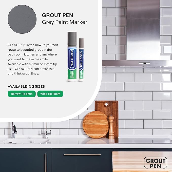Grout Pen Grey Tile Paint Marker: Waterproof Grout Paint, Tile Grout Colorant and Sealer Pen - Grey, Narrow 5mm Tip (7mL)