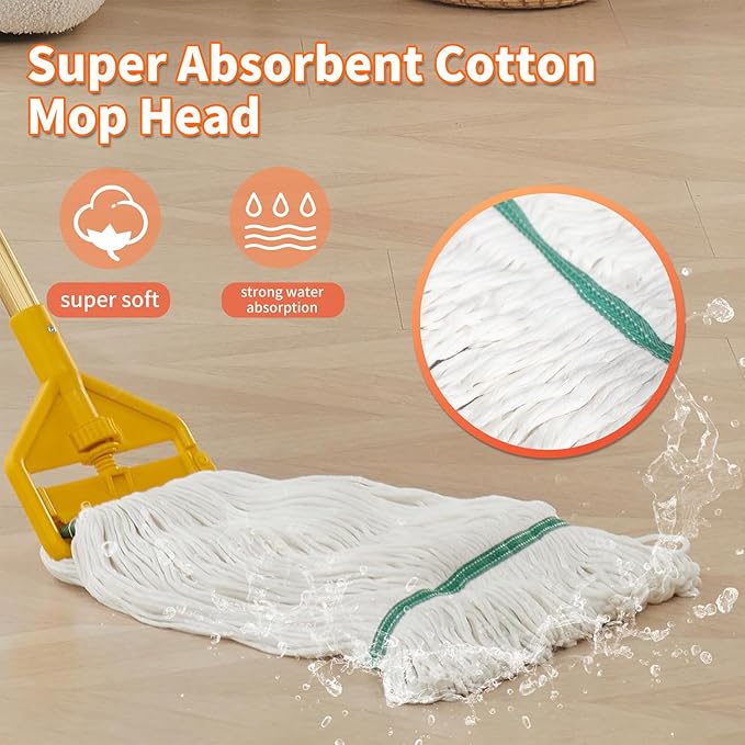 Midoneat Commercial Industrial Heavy Duty Mop with Two Extra Replacement Mop Head,60" Long Handle Looped-End String Wet Cotton Mops for Floor Cleaning