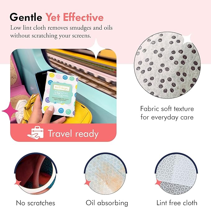 Well-Kept Tech & Lens Wipes - Eyeglass, Screen & Phone Cleaning, Multi-Surface, Lint-Free, Pre Moistened, Streak-Free & Non Scratching - All Smiles, 6 Pack (90 Count)