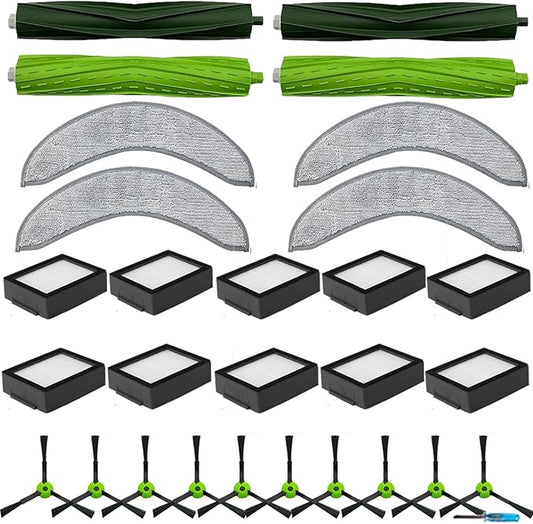 2 Set of Roller Brush & 10 Filters & 4 Mop Pads & 10 Side Brushes Replacement Parts Accessories Compatible with iRobot Roomba Combo J7+, Combo J9+,Combo 10 MAX Robot Vacuum Cleaner