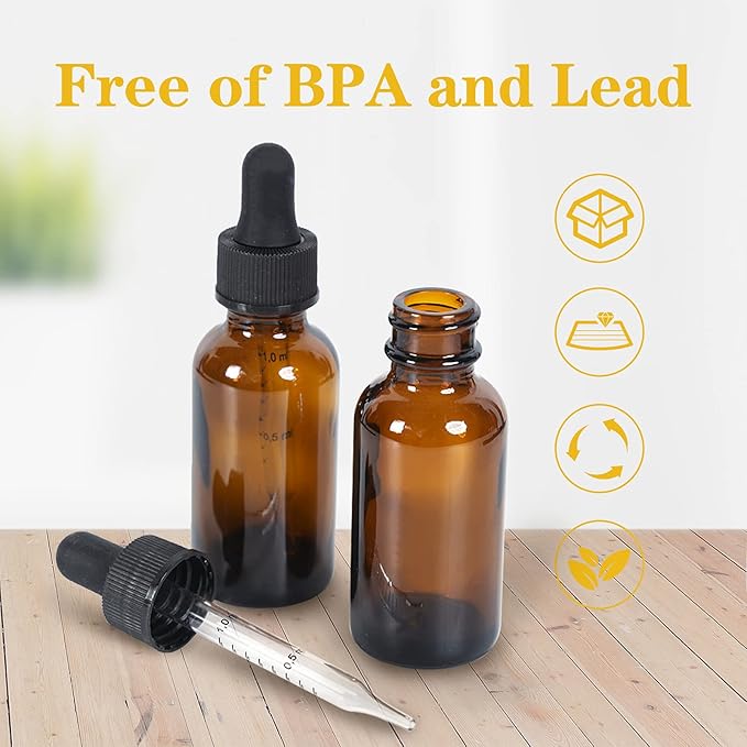 2 oz Dropper Bottle 12 Pack Amber Glass Boston Bottles 30ml with Eye Droppers Black Caps for Essential Oils, Perfume, Leak Proof Travel Bottles for Liquids