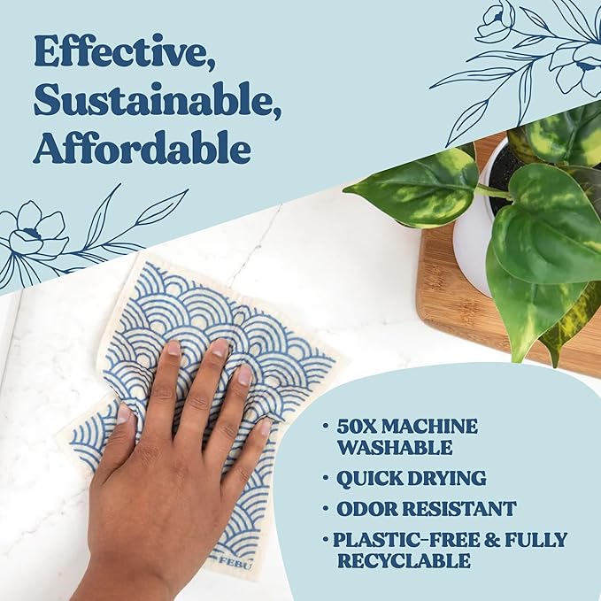 FEBU Swedish Dishcloths for Kitchen | 5 Pack Stamps Reusable Paper Towels Washable | Swedish Dish Towels | Non-Scratch Cellulose Sponge Cloths | No Odor, Biodegradable Cleaning Cloths