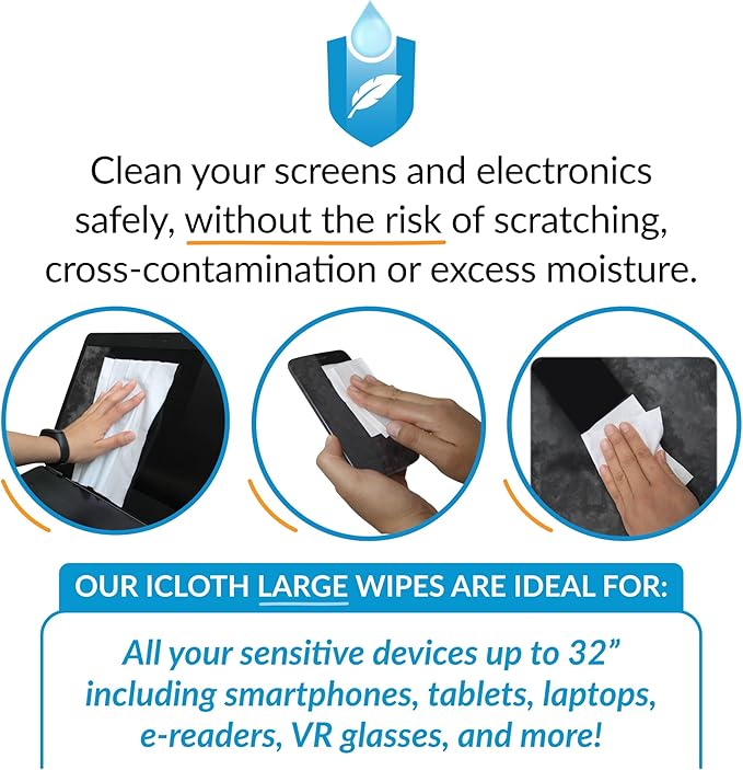 Screen Cleaner Wipes by iCloth – Individually Wrapped – Travel Size – Streak-Free (24 Large Wipes)