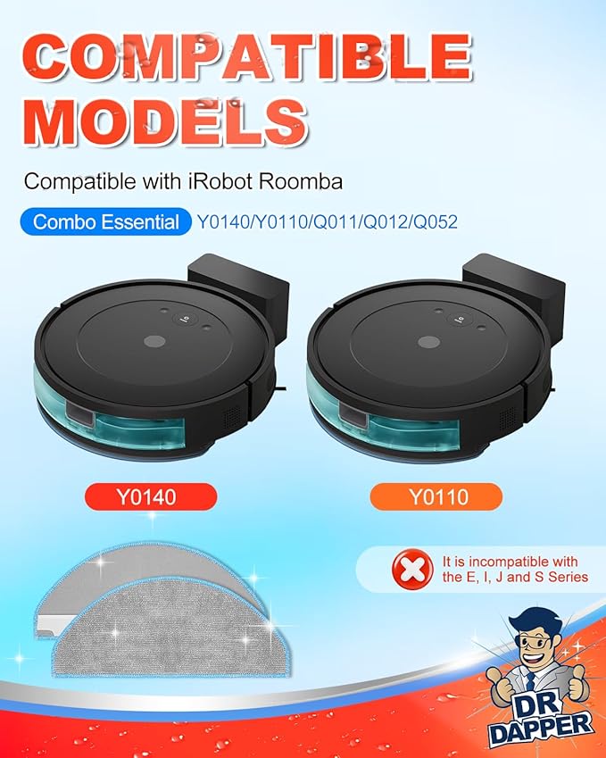 DR DAPPER Mop Replacement Compatible with iRobot Roomba Combo Essential Y0140/ Roomba 105 Combo / Y0110 / Q011 / Q012 / Q052, 6 Pack Absorbent Microfiber Pad for Robot Vacuum Replacement Parts