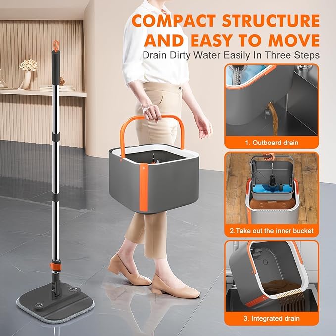 Upgraded Spin Mop and Bucket System Set, Self Separate Clean and Dirty Water, Foldable Square Standing Mop Head with Microfiber Mop Pads, Detachable Bucket (Grey+Orange, Mop Set with 2PC Pads)