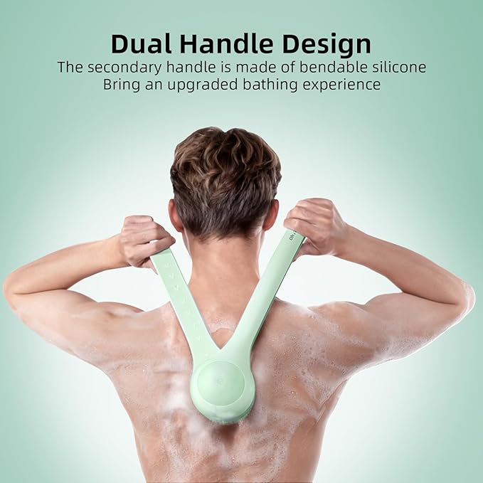 Oh,XIYU. Electric Body Brush Back Scrubber for Shower, Waterproof Long Dual Handle Power Body Scrubber with 3 Heads, Rechargeable Bath Brush & 2 Speeds, for Cleansing, Exfoliating and Massaging Skin