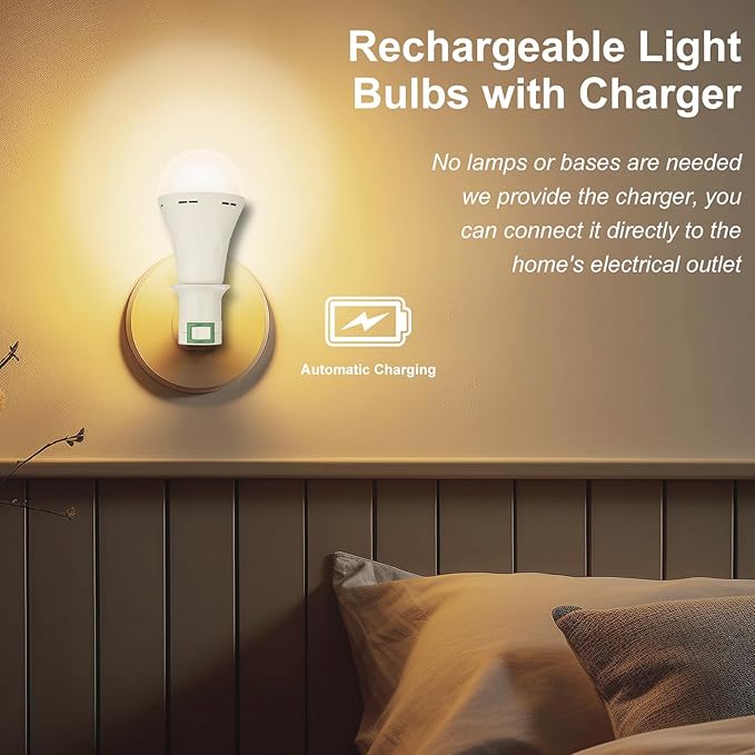 2 Pack Rechargeable Emergency Light Bulbs,Battery Operated Light Bulb for Power Outage Hurricane Camping 9W E27 3000K Warm 1200mAh Battery Backup Soft Light Bulbs for Lamps,Battery Led Bulb