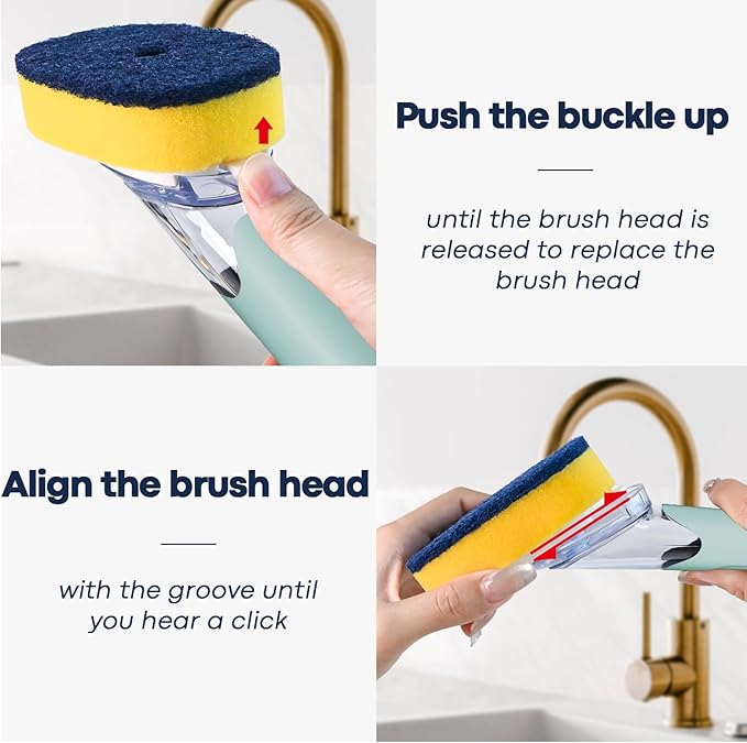 Dish Brush with Soap Dispenser Storage Set with 2 PCS Sponge Refills & Holder, Soap Dispensing Dish Brushes, Sponge with Soap Dispenser Handle, Dish Sponges with Handle for Dishes Pans Pots Sink
