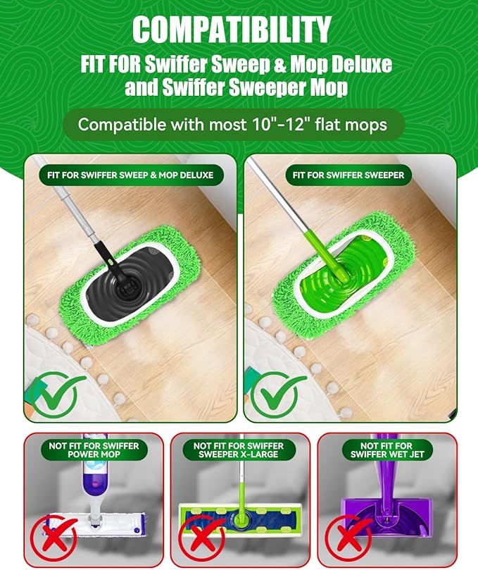 Reusable Microfiber Mop Pads Compatible with Swiffer Sweeper Mop, Wet Pads Refill, Chenille Dry Sweeping Cloths, Washable Wet Mopping Cloths & Dry Cloths for Hardwood Floor Cleaning, 4 Pack