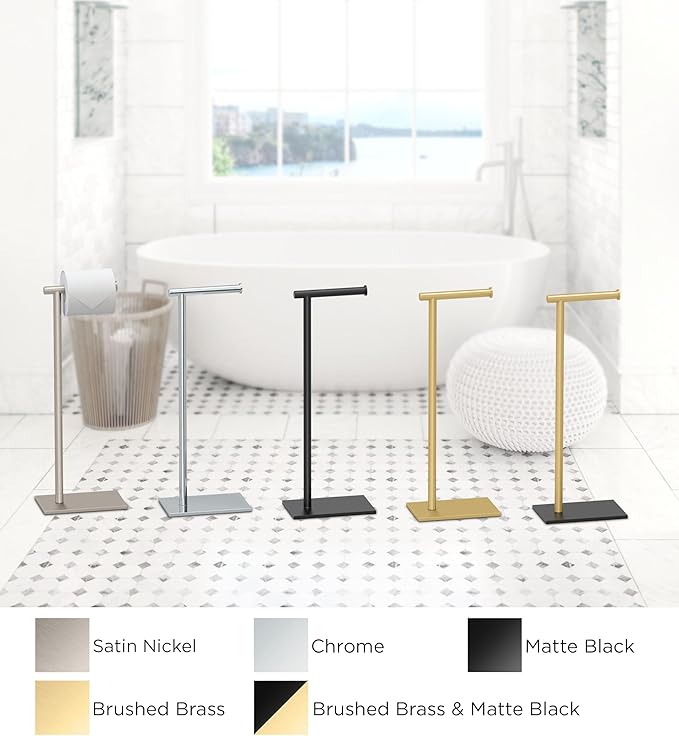 Gatco 1431SN, Modern Rectangle Base Freestanding Toilet Paper Holder, 22.25”, Satin Nickel/Free Standing Toilet Tissue Holder Stand with Weighted Base