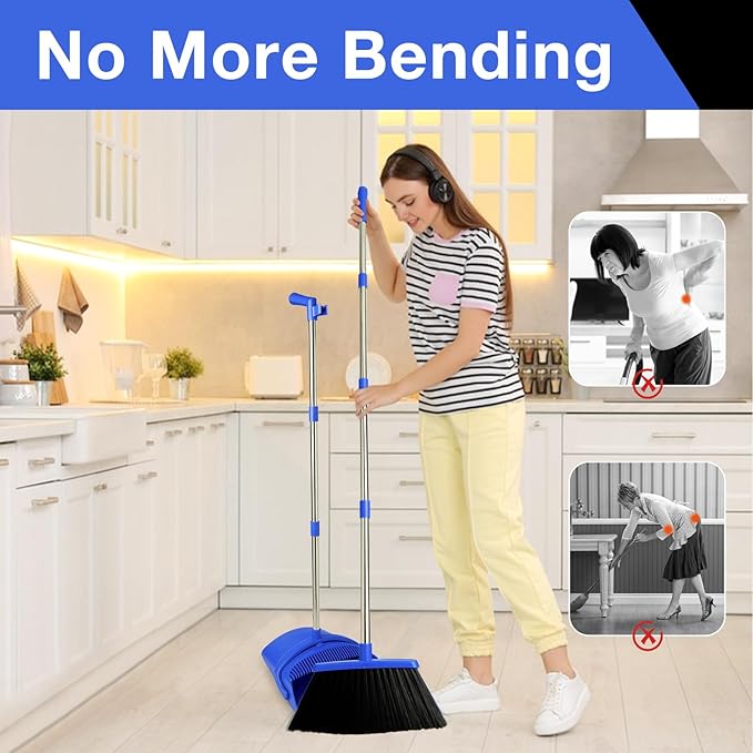 XXFLOWER Broom and Dustpan Set, Long Handle Lightweight Dustpans with Broom Combo for Home, Indoor&Outdoor Sweeping for Home Room Kitchen Office Lobby (Dark Blue)