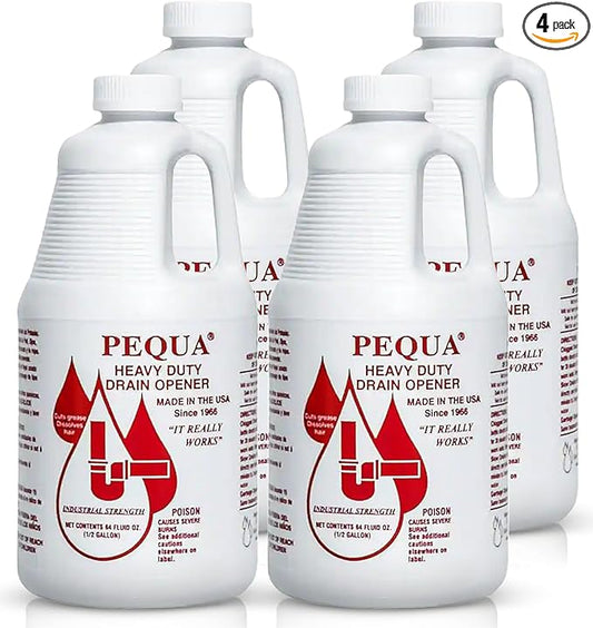 PEQUA INDUSTRIES 64 oz Pequa Heavy Duty Drain Opener - Powerful, Non-Acid, Fast-Acting Formula, Safe for All Pipes, Industrial strength Drain Cleaner for Sinks, Tubs, Septic Tanks (Pack of 4)