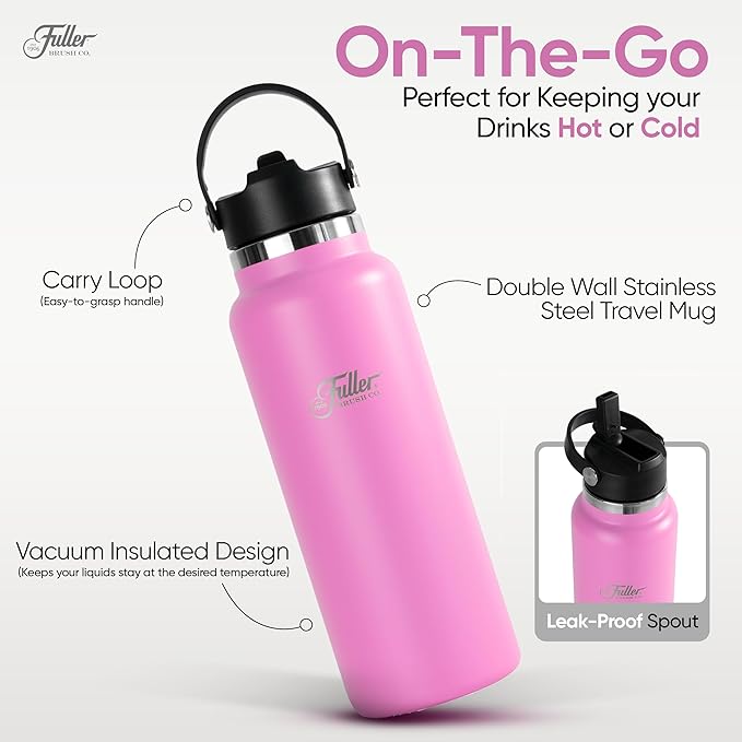 Fuller Stainless Steel Water Bottle with Straw Lid – BPA-Free, Sweat-Proof, Leak-Proof Travel Mug – Double Wall Insulated for Hot & Cold Drinks – Carry Handle (Bright Pink, 40 Oz.)