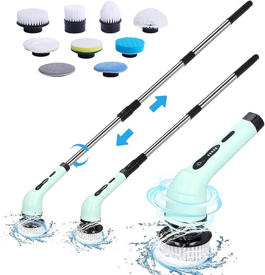 Electric Spin Scrubber, Cordless Cleaning Brush with 9 Replaceable Brush Heads, Power Scrubber Dual Speed with Adjustable and Detachable Handle for Bathroom Kitchen Cleaning
