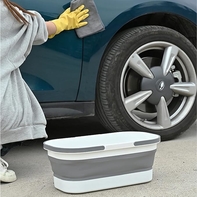Collapsible Plastic Bucket with Wheels 12L (3.17 Gallon) for House Cleaning, Camping, and RV - Multi-Purpose Rectangular Handy Basket for Cleaning Mop - Lightweight and Portable (Grey)