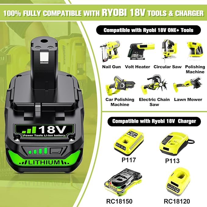 2Pack Upgraded 4.0Ah Replacement for Ryobi 18V Battery and Dual Charger Combo Compatible with Ryobi 18 Volt Lithium Battery ONE Plus P103 P104 P105 P107 P109 P190 P191 P122 Power Tools