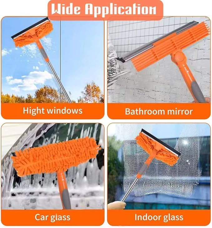 Window Squeegee Cleaner Kit - 2-in-1 Rotatable Window Cleaning Tool with Extension Pole, Professional Streak-Free Squeegee with Bendable Head for Indoor/Outdoor Windows & Car Glass