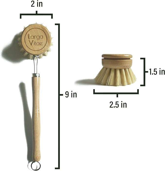 Larga Vitae Wooden Dish Brush Made of Renewable Bamboo Wood and Natural Bristle Tampico Fiber, includes 5 Replacement Brush Heads, Durable, Long Lasting, All Purpose Kitchen Scrubber