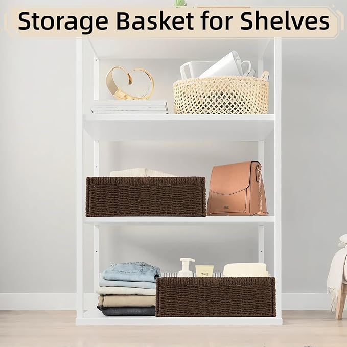 Paper Rope Wicker Baskets with Handles, 2 Pack Storage Basket, Rectangle Wicker Basket, Small Wicke Baskets for Organizing Shelves, Toilet Paper Storage Basket for Bathroom, Brown
