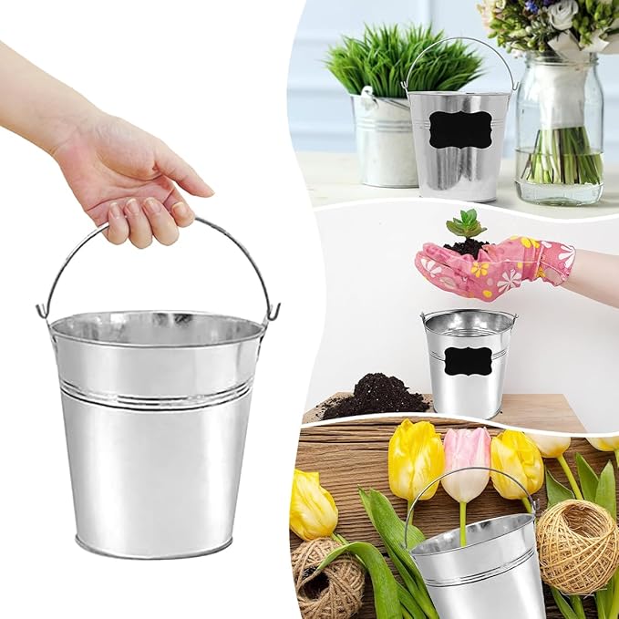 Set of 6 Pcs Galvanized Metal Buckets with Chalkboard Stickers and 5.5" Mini Plastic Kitchen Scoops,5 Inch Tin Buckets, Small Galvanized Pail for Backyard Decoration,Garden Planters.