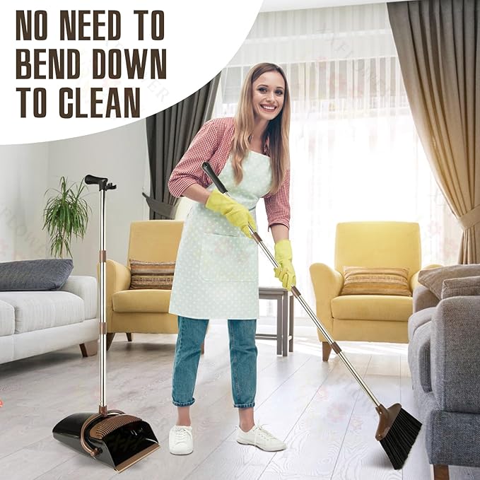 XXFLOWER Broom and Dustpan Set with Long Handle, Light Weight Stainless Steel Poles Stand Upright Dustpans with Broom Combo for Home Kitchen Office Pet Dog Hair, 1-Pack (Black Brown)