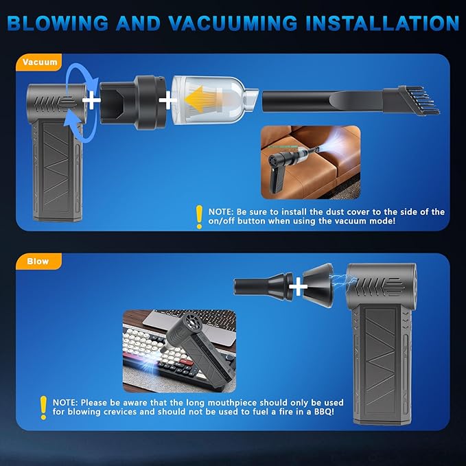 NUHFUFA 4-in-1 Compressed Air Duster with Light, Handheld Car Vacuum/Air Blower/Pump/Inflate 130000RPM Adjustable Electric Vacuum Cleaner for Computer Keyboard Car Home(Gray)