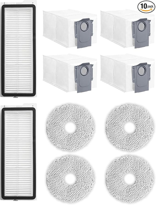 10 Pack Spare Accessories Compatible for Roborock QrevoPro,Qrevo S,Qrevo MaxV,Qrevo Curv,Qrevo Edge, Robotic Vacuum Replacement Parts: 2 Hepa Filter 4 Mop Pads 4 Dust Bags