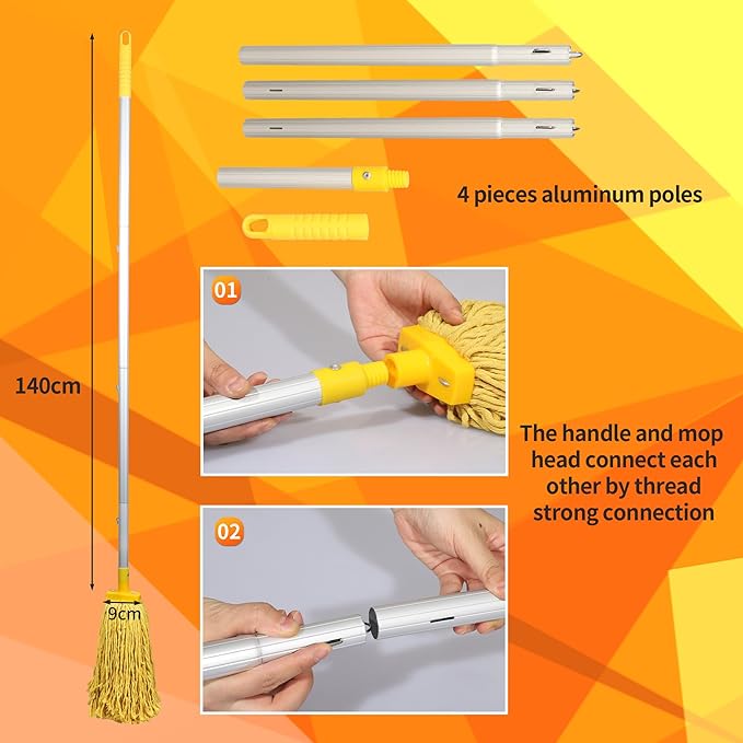Mop Bucket with Wringer, 22 Qt (5.5 Gallon), Floor Cleaning, Handle, Wheels, 16.5" L x 10.6" W x 26.4" H, Yellow,Plus One Cotton Mop