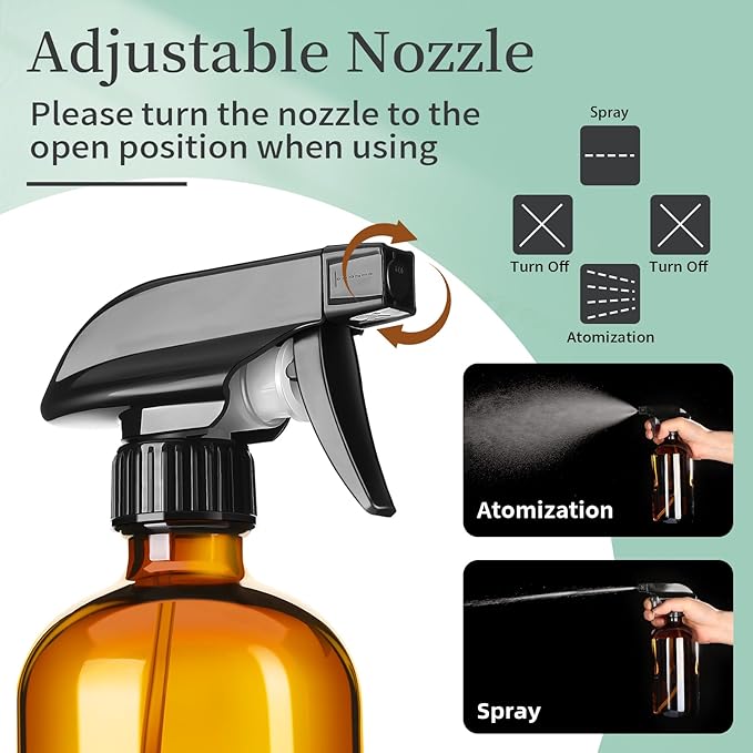 16oz Amber Glass Spray Bottles,2 Pack Glass Spray Bottles Refillable Empty Bottle with Adjustable Nozzle,Spray Bottle for Essential Oils,Cleaning,Pets,Hair Mister