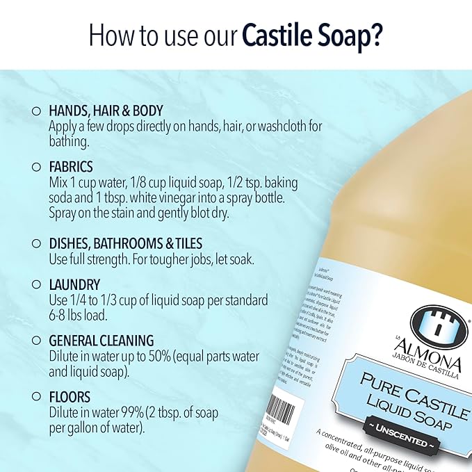 Pure Castile Liquid Soap, ORANGE, 1 Gallon - Multipurpose: Hands, Face, Body, Laundry, Dishes & More - For Sensitive Skin, All-Natural Ingredients, Scented with Essential Oils