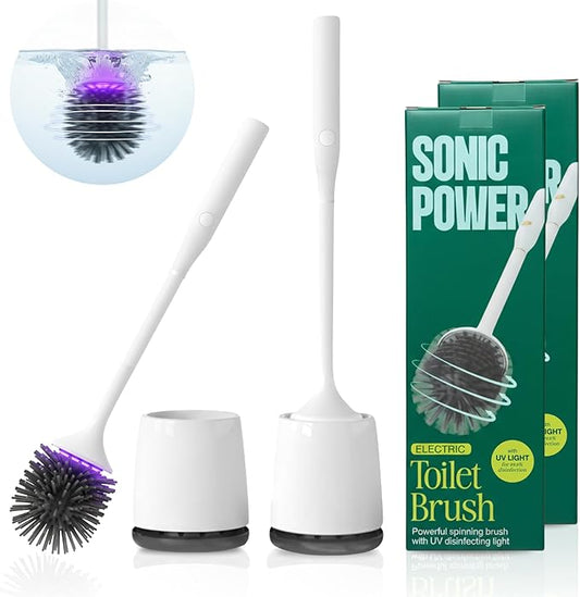SonicPower Electric Toilet Brush & Scrubber – Self Cleaning Silicone Toilet Bowl Brush with UVC Light, Rechargeable Wireless Spinning Toilet Brush & Holder Set, Wall Mount or Floor Standing (2 Pack)