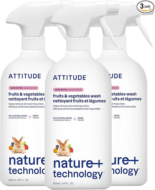 ATTITUDE Fruit & Vegetable Wash, Food-Safe Produce Wash, Removes Dirt & Residue, Vegan & Plant-Based Ingredients, Unscented, 27.1 Fl Oz (Pack of 3)