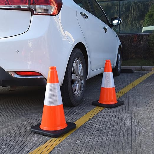 Fluorescent Orange/Green PVC Traffic Cones, Heavy Black Base Parking Lot Cone Structurally Stable Weatherproof Road Construction Safety Cones (4, Orange, 18" Medium)