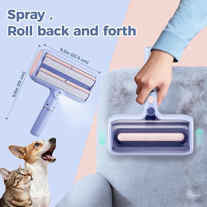Pet Hair Remover, Pet Hair Removal Tool, Reusable Lint Roller with Double Roller,Cat and Dog Hair Remover for Furniture, Couch, Carpet, Car, Dual Trapping compartments with Spray Function