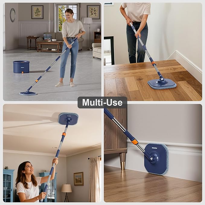 HoMettler Spin Mop and Bucket Set, Mop Bucket with Separate Dirty Water System, Deep-Cleaning Mops for Floors/Wall, Versatile Mops with 6 Microfiber Mop Pads