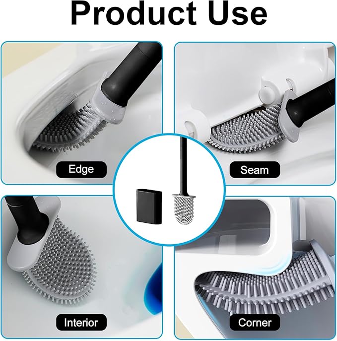 Toilet Bowl Brush and Holder Set, Flexible Silicone Bristles with Detachable Handle, Compact RV and Bathroom Toilet Brush (4 Black)