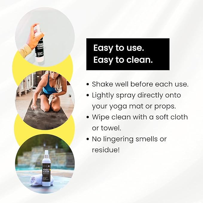 Yoga Clean - Premium Yoga Mat Cleaner Spray, Natural Plant-Based Deodorizer with Essential Oils | Refreshing Aromatherapy Scent | 8 oz Safe for Cork, Rubber & All Fabrics, Made in the USA