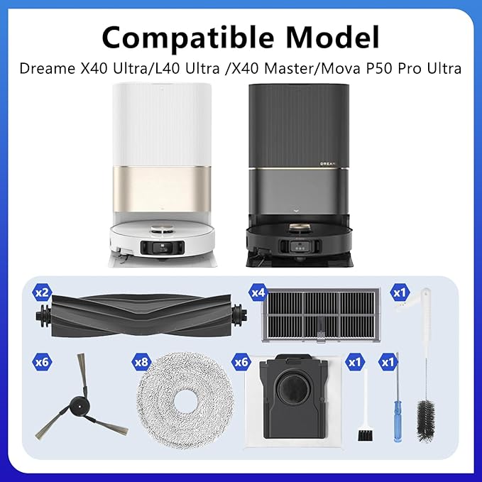X40 Ultra /L40 Ultra/X40 Master Replacement Part for Dreame，Mova P50 Pro Ultra/Mova P10 Pro Ultra accessories,2 Rubber Main Brush,8 Mop Pads,6 Activated Carbon Dust Bag,4 Carbon Filters-29 PCS