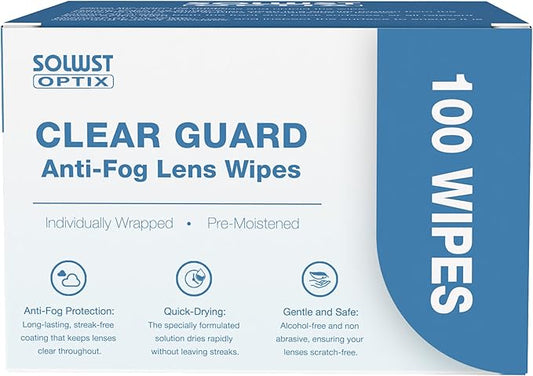 Optix Clear Guard Anti Fog Lens Wipes - 100 Pre-Moistened, Individually Wrapped Wipes for Eyeglasses, Camera Lenses, Sunglasses, Face Shields, Visors, Goggles, and Other Surfaces