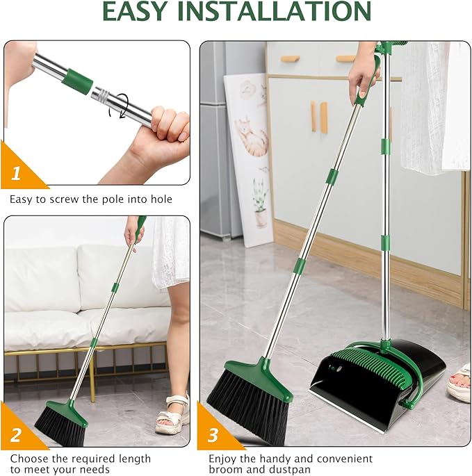 XXFLOWER Broom and Dustpan Set with Long Handle, Light Weight Stainless Steel Poles Stand Upright Dustpans with Broom Combo for Home Kitchen Office Pet Dog Hair, 1-Pack(Black Green)