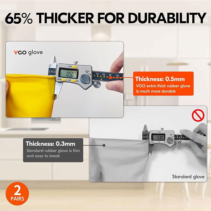 Vgo... 2-Pairs Reusable Household Gloves, Rubber Dishwashing gloves, Extra Thickness, Long Sleeves, Kitchen Cleaning, Working, Painting, Gardening, Pet Care (Size L, Yellow, HH4601)